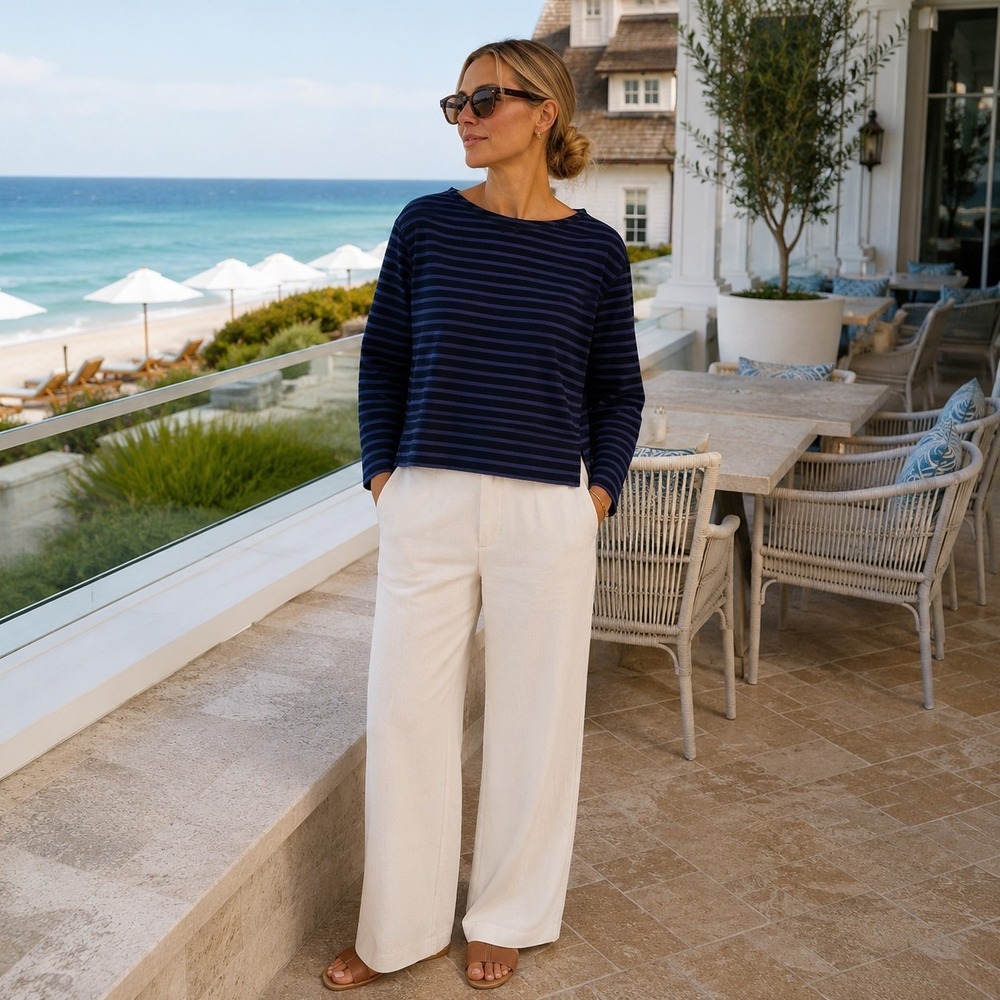 Alex Mill Blue Black Stripe Boatneck Cotton Top Breton M Coastal Nautical Resort